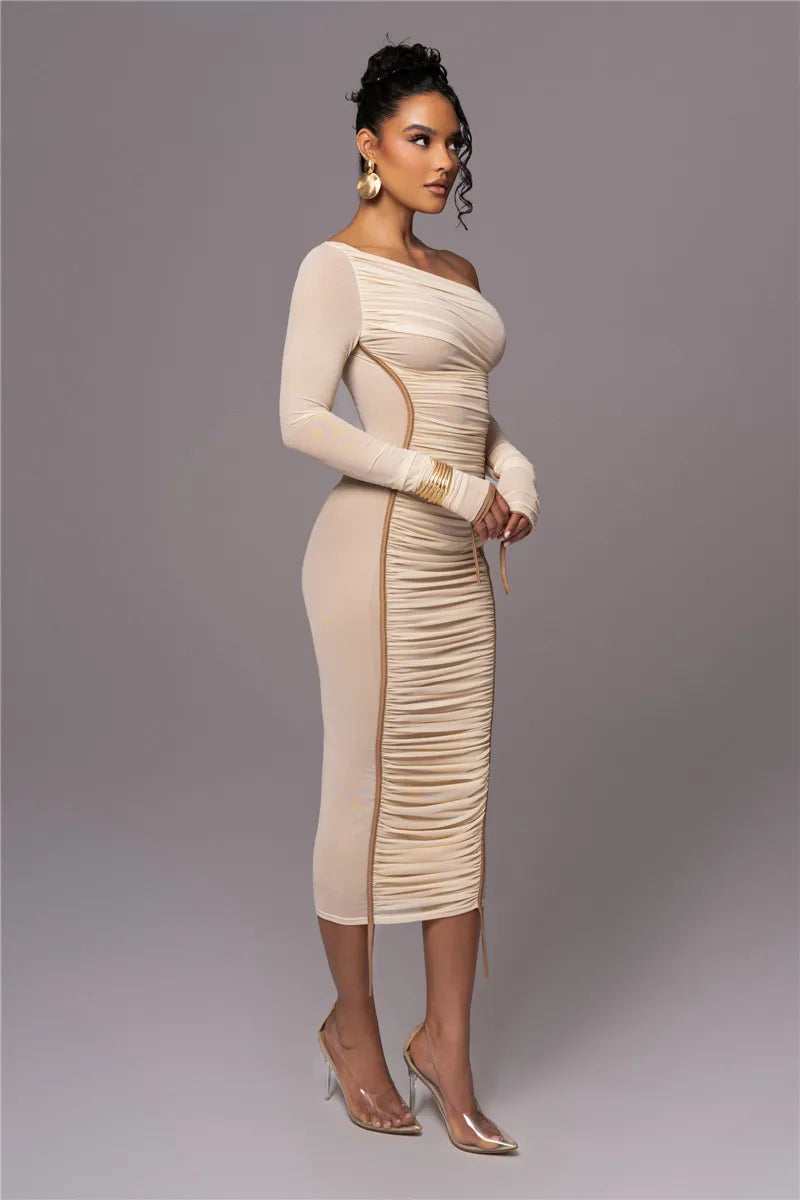 Women Long Sleeve One Shoulder Sexy Bodycon Mesh Ruched Midi Party Dress Dresses jehouze 