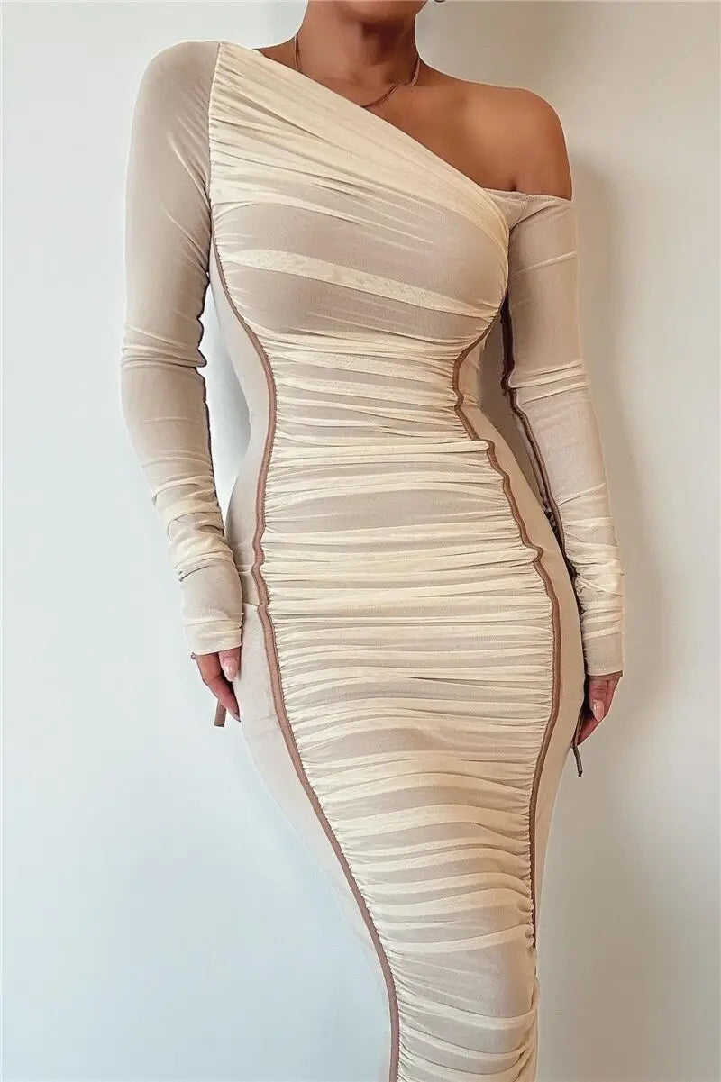 Women Long Sleeve One Shoulder Sexy Bodycon Mesh Ruched Midi Party Dress Dresses jehouze 