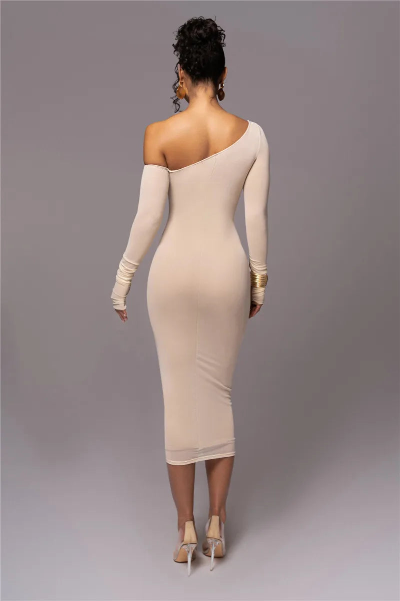 Women Long Sleeve One Shoulder Sexy Bodycon Mesh Ruched Midi Party Dress Dresses jehouze 