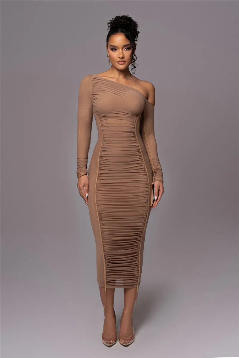 Women Long Sleeve One Shoulder Sexy Bodycon Mesh Ruched Midi Party Dress Dresses jehouze Brown S 