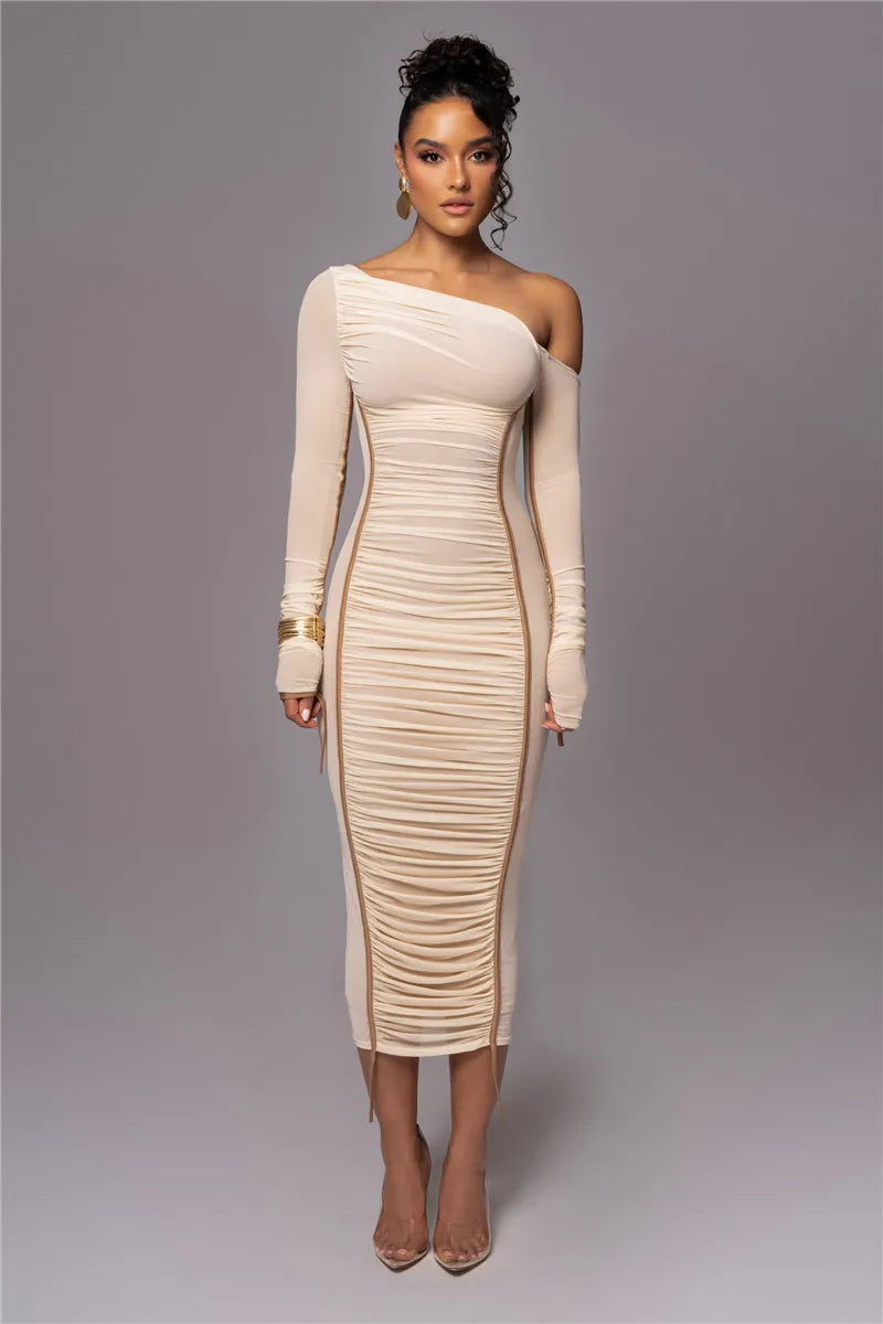 Women Long Sleeve One Shoulder Sexy Bodycon Mesh Ruched Midi Party Dress Dresses jehouze White S 