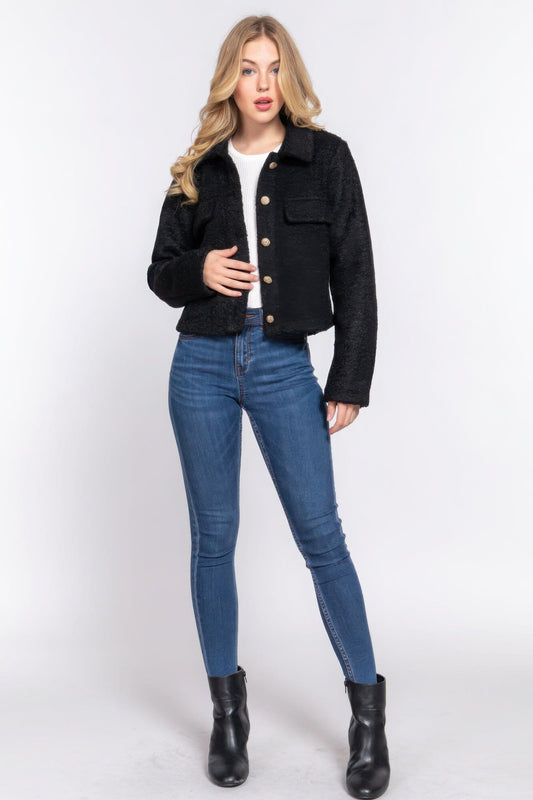 Women Long Sleeve Teddy Fleece Short Jacket Coats & Jackets jehouze Black S 