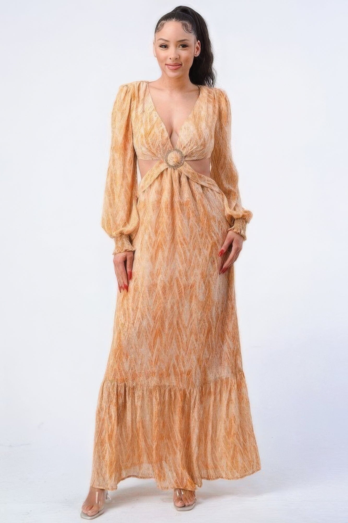 cut out long sleeve dress in yellow Women Long Sleeve V Neck Self Belted Side Cut Out Ruffled Maxi Dress_