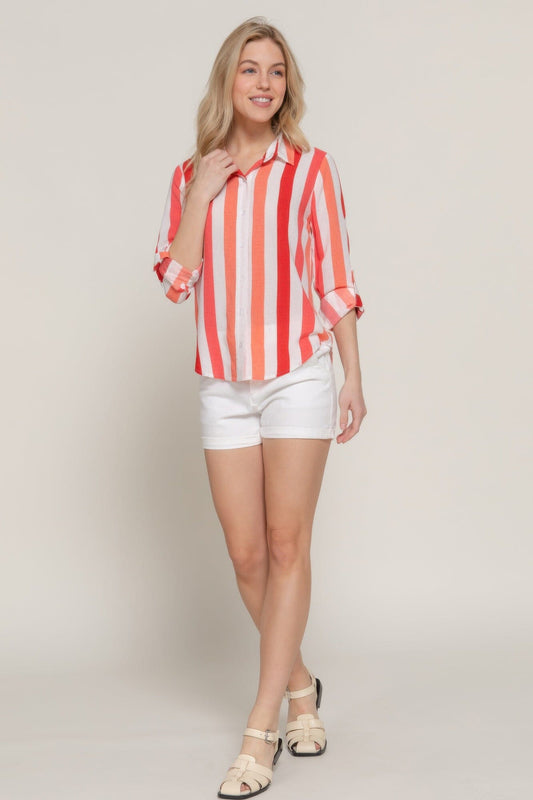 Women Long Sleeve Wide Stripe Woven Shirt Shirts & Tops jehouze Red S 
