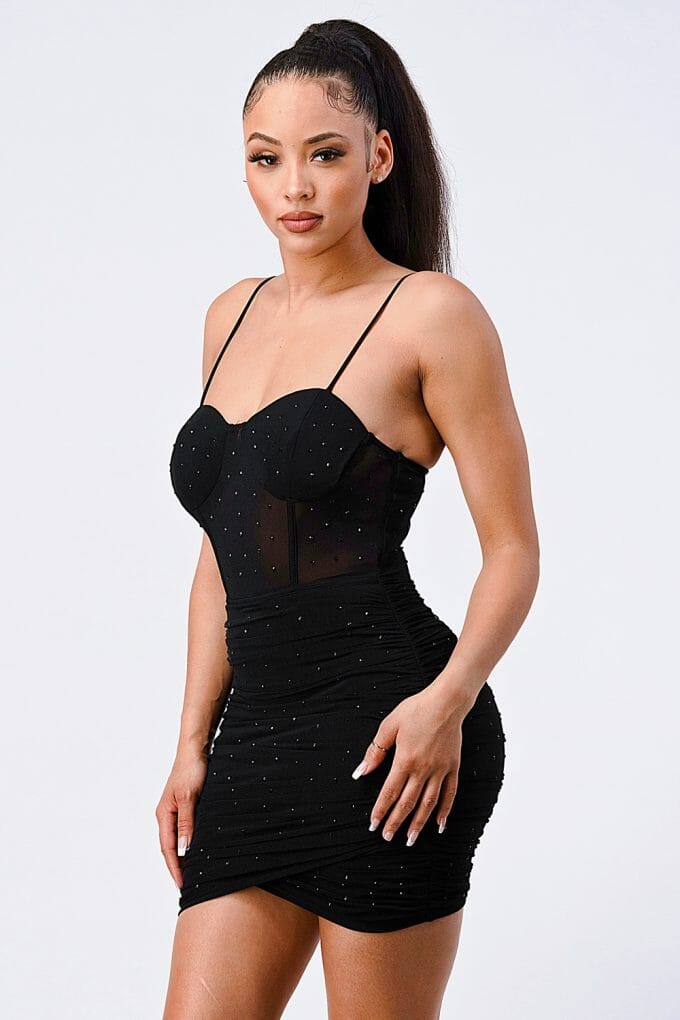 Women Luxe Glitter Front Mesh Ribbed Cami Mini Dress Dresses jehouze 