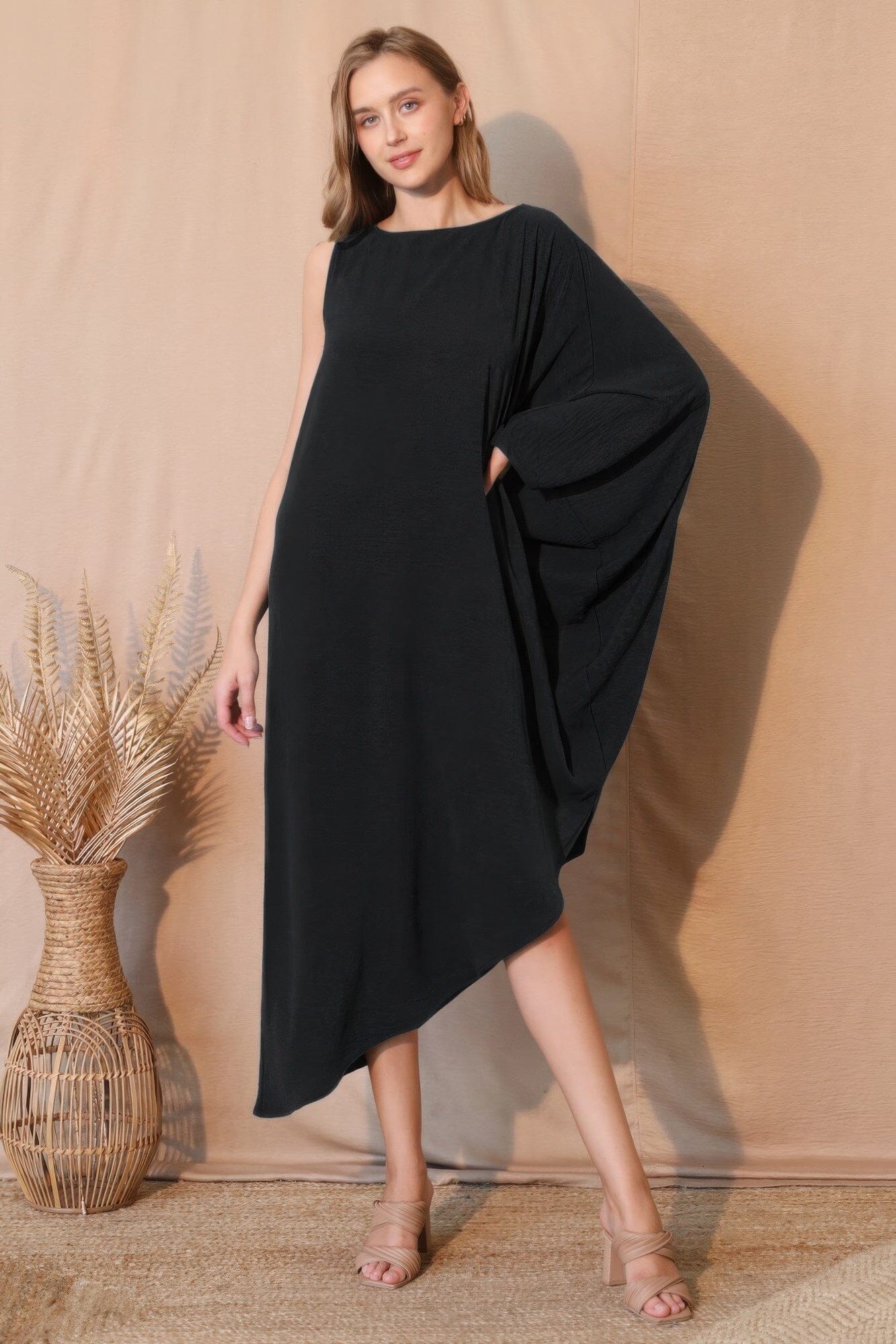 Women Matte Crepe One Sleeve Dress Dresses jehouze Black S 