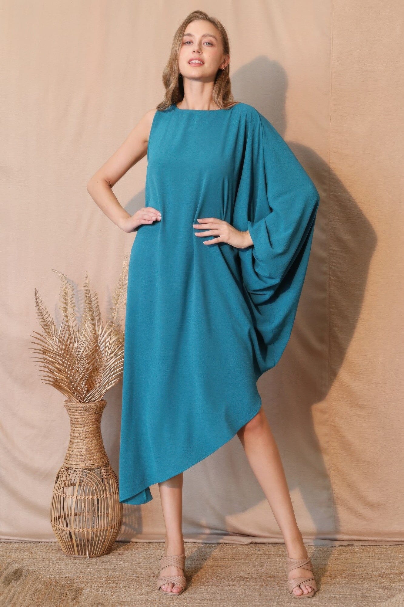 Women Matte Crepe One Sleeve Dress Dresses jehouze Teal S 