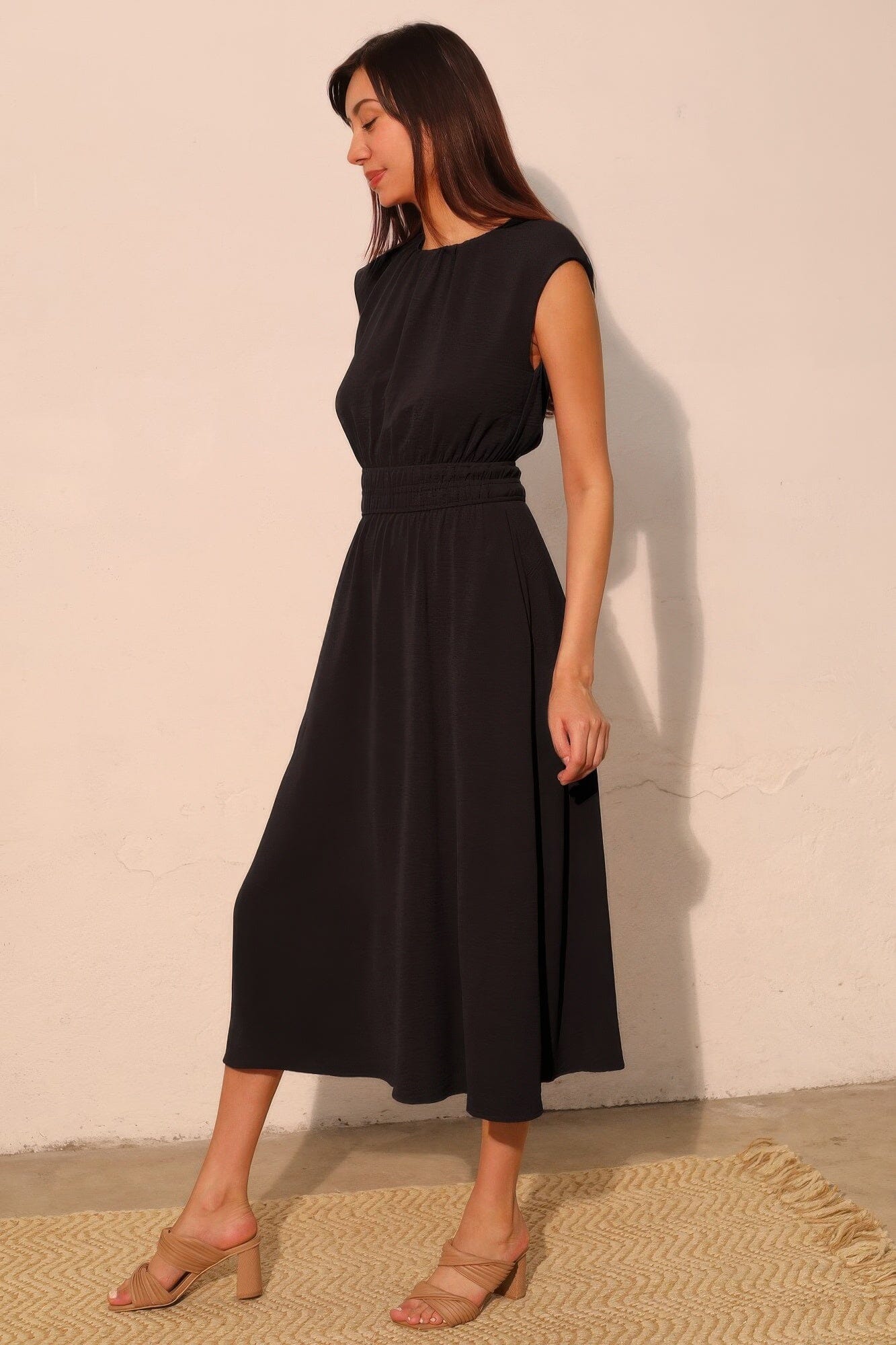 Women Matte Crepe Ruched Elastic Midi Dress Dresses jehouze 
