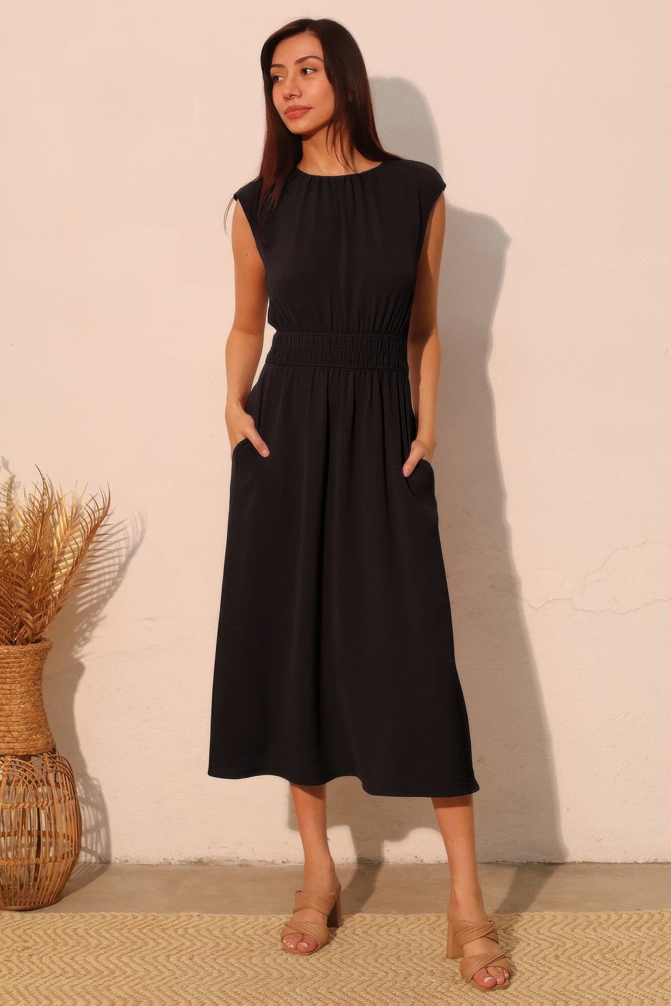 Women Matte Crepe Ruched Elastic Midi Dress Dresses jehouze S 