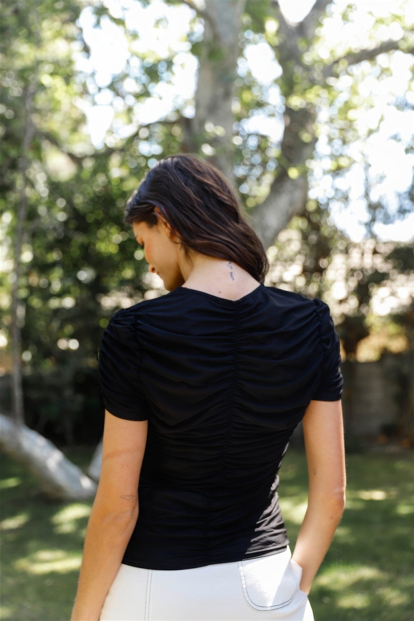 Women Mesh Ruched Cut-out Detail Short Sleeve Top Shirts & Tops jehouze 