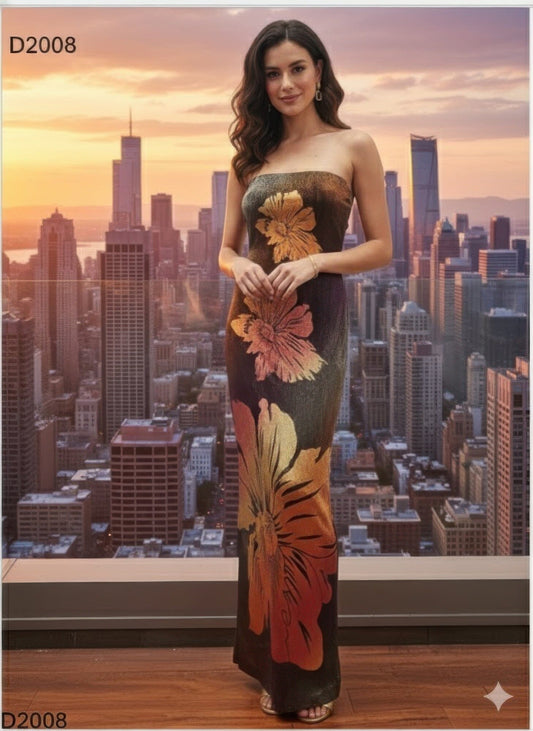 Women Metallic Flower Tube Maxi Dress Dresses jehouze S 