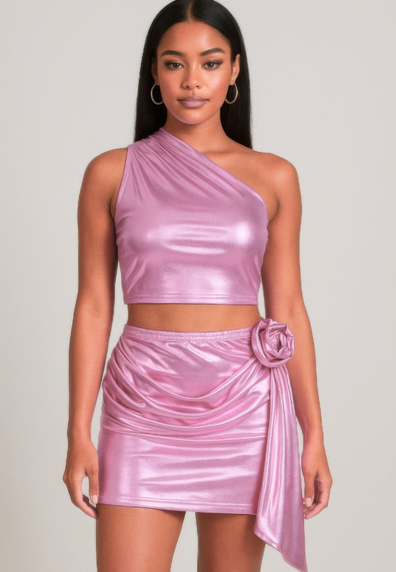 Women Metallic One Shoulder Crop Top Set Outfit Sets jehouze 