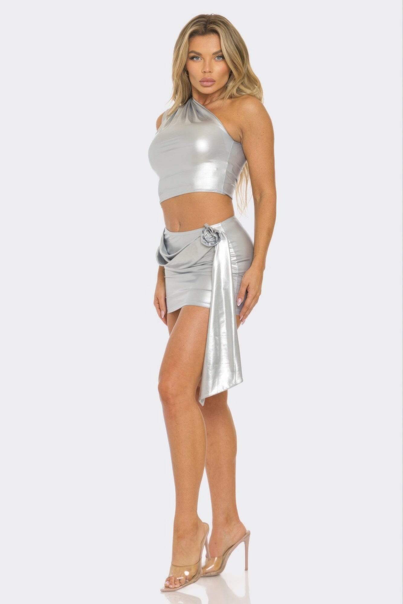 Women Metallic One Shoulder Crop Top Set Outfit Sets jehouze 