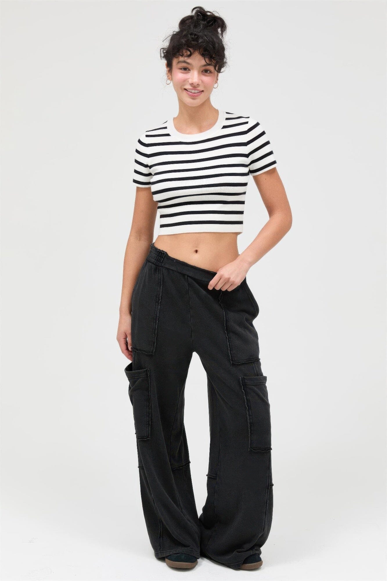 Women Mineral Wash Wide Leg Cargo Pants Pants jehouze Black S 