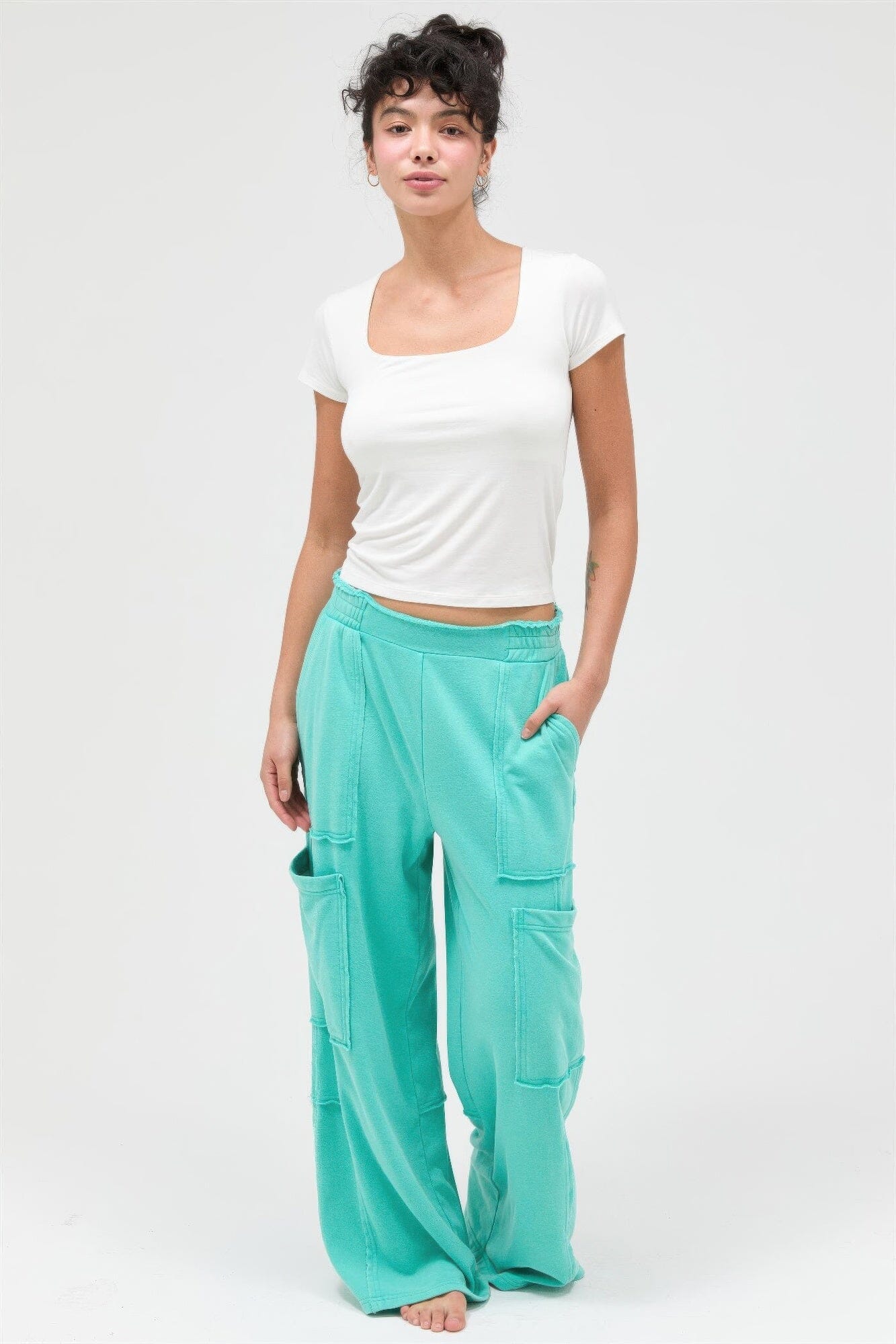 Women Mineral Wash Wide Leg Cargo Pants Pants jehouze Turquoise S 