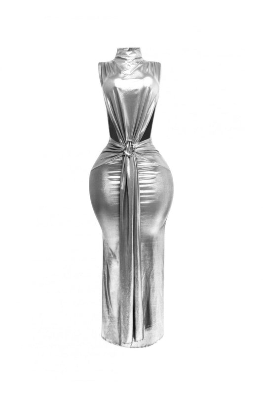 Women Mock Neck And Tied Waist Maxi Dress Dresses jehouze Platinum S 