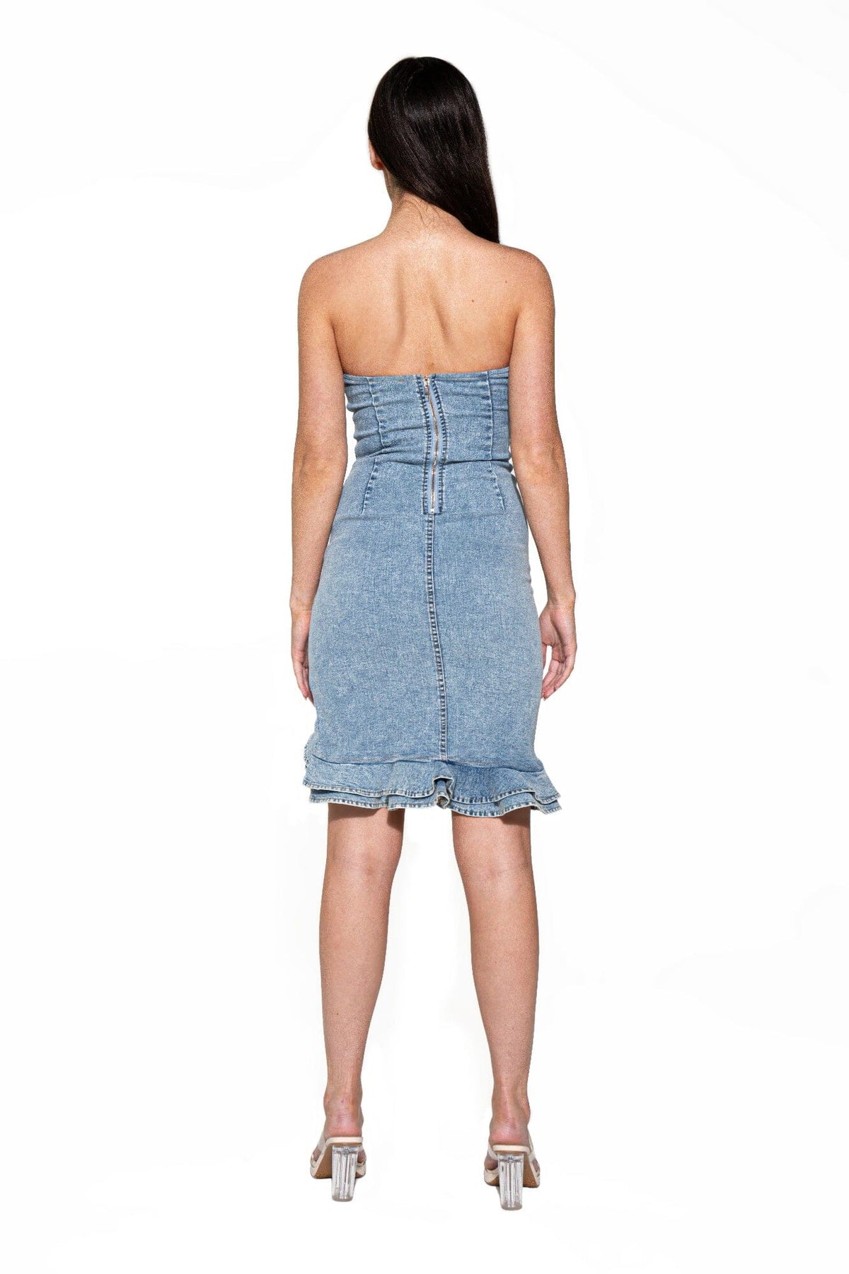 Women Moonlit Cascade Denim Midi Dress Dresses jehouze 