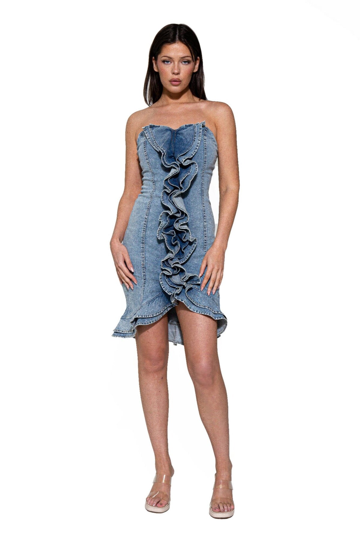 Women Moonlit Cascade Denim Midi Dress Dresses jehouze Light Denim Wash S 