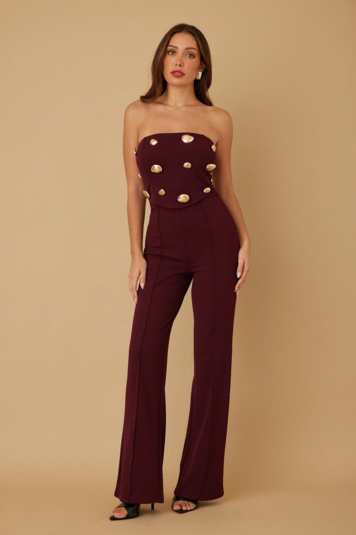 Women Multi Flat Mirror Stone Jumpsuit Jumpsuits & Rompers jehouze Wine S 