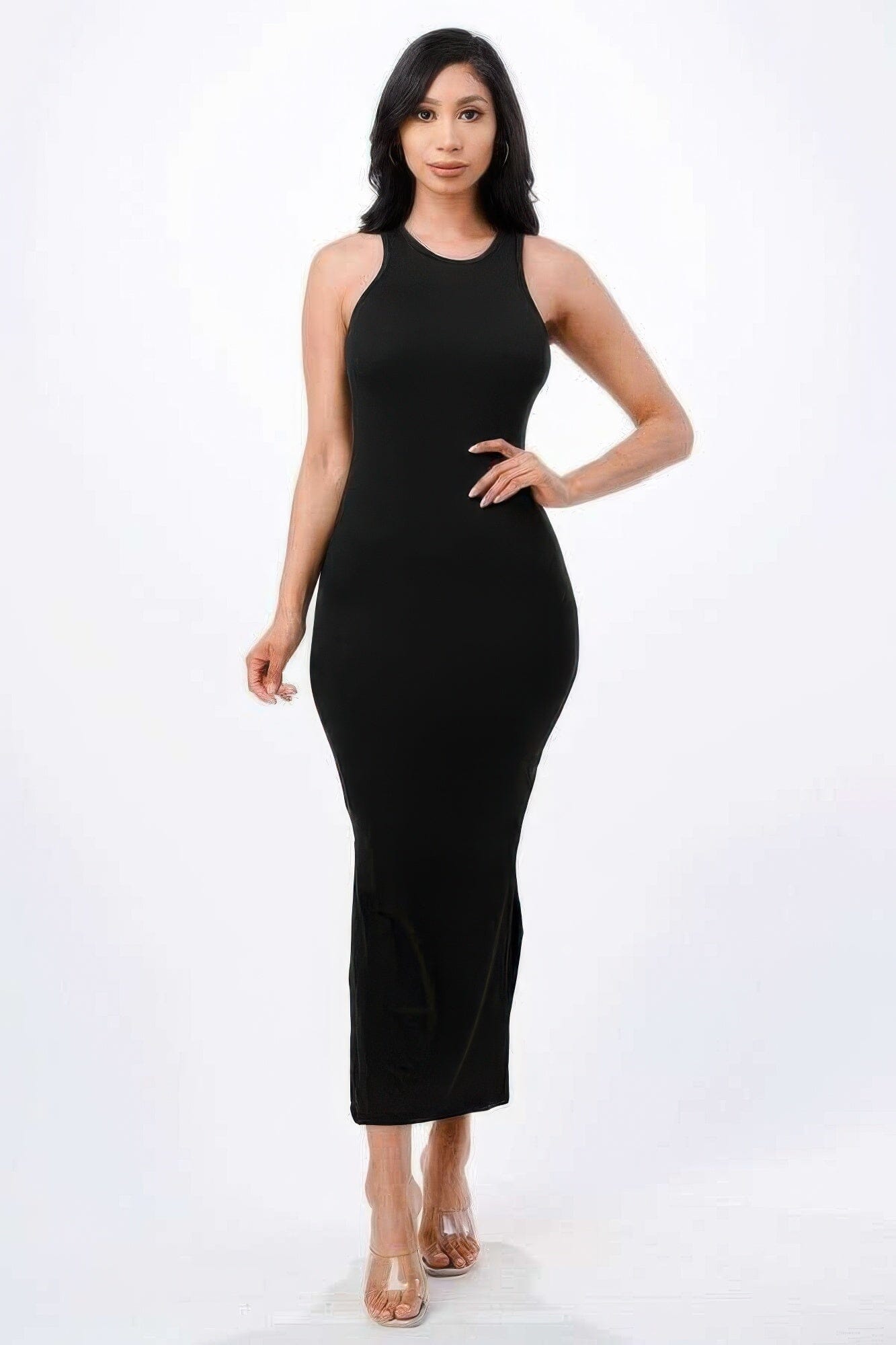 Women Neck Side Slit Max Dress Dresses jehouze Black S 
