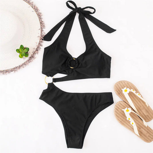 Women One Piece Sexy Cutout Strappy Halter Cross Front High Cut Swimwear One-Piece Swimsuits jehouze S 