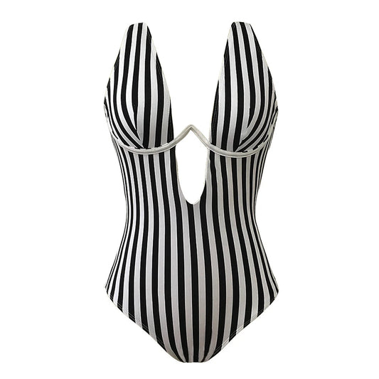 Women One Piece Underwire Striped Sexy Deep Plunge V Neck Monokini Swimwear One-Piece Swimsuits jehouze S 