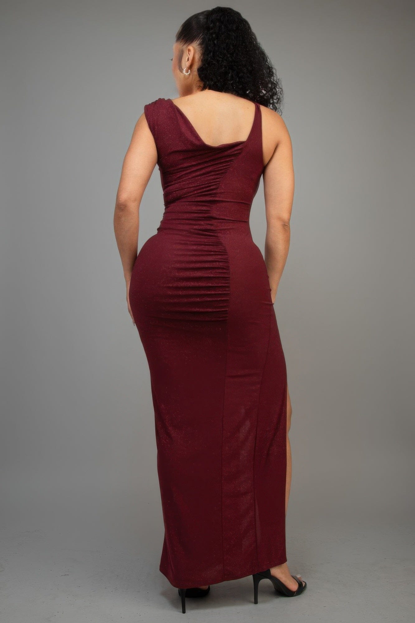 Women One Shoulder Glitter Slitted Maxi Dress Dresses jehouze 