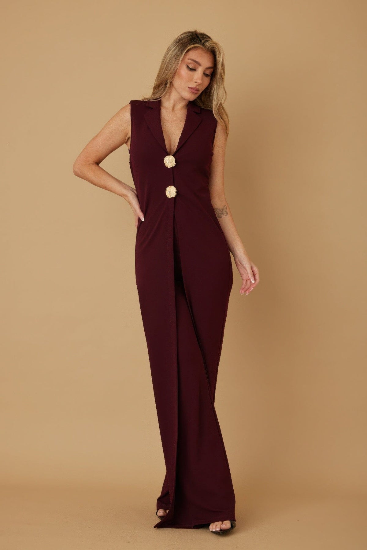 Women Open Flap With Metal Shank Button Jumpsuit Jumpsuits & Rompers jehouze Wine S 