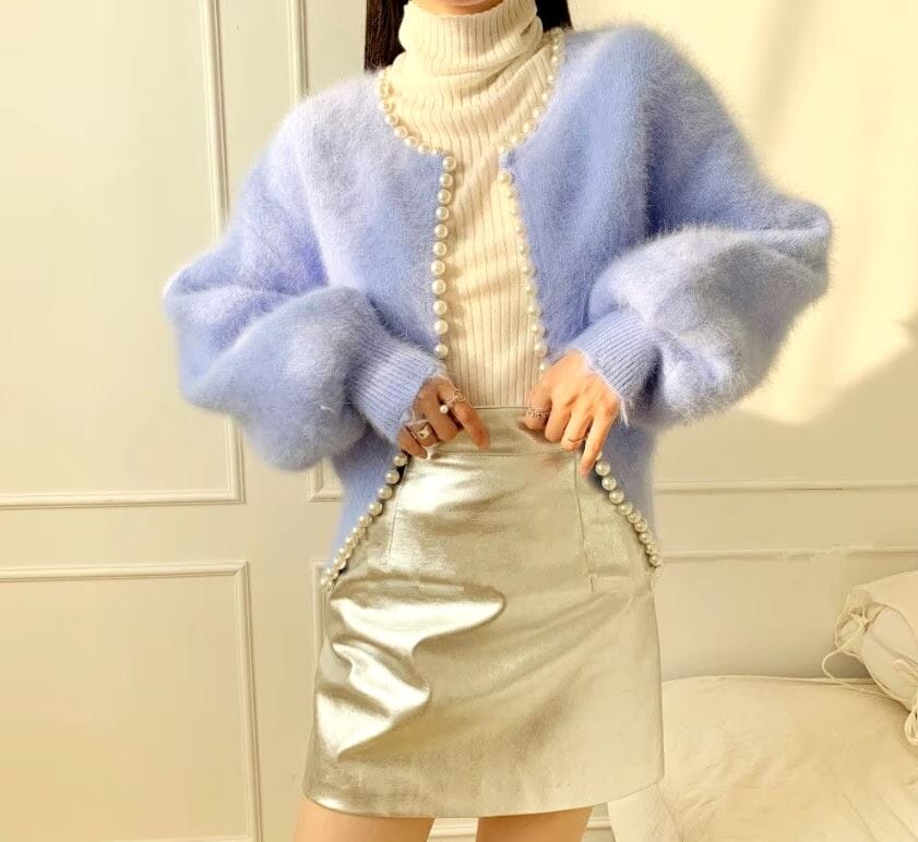 Women Open Front Pearl Long Sleeve Cardigan Sweater Coats & Jackets jehouze Light Blue 