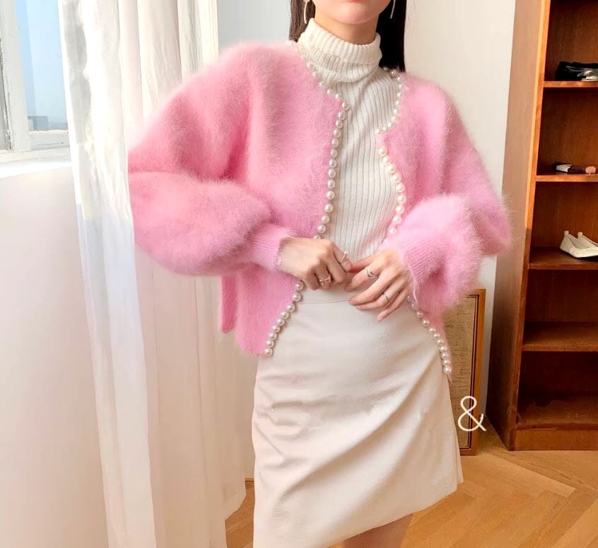 Women Open Front Pearl Long Sleeve Cardigan Sweater Coats & Jackets jehouze Pink 