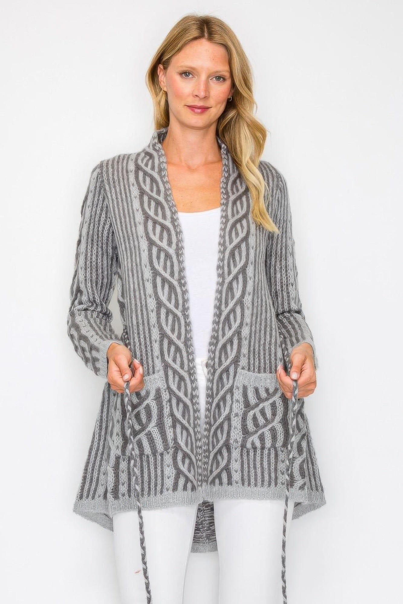 Women Open Wool Cardigan With Belt String & Front Pocket cardigan jehouze 