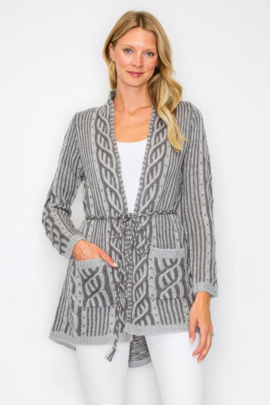 Women Open Wool Cardigan With Belt String & Front Pocket cardigan jehouze 