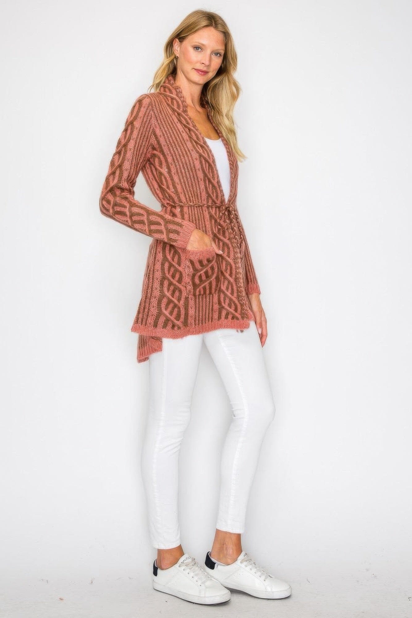 Women Open Wool Cardigan With Belt String & Front Pocket cardigan jehouze 