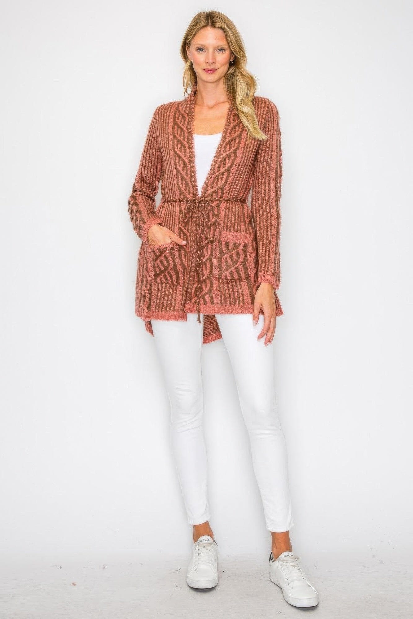 Women Open Wool Cardigan With Belt String & Front Pocket cardigan jehouze Pink S 