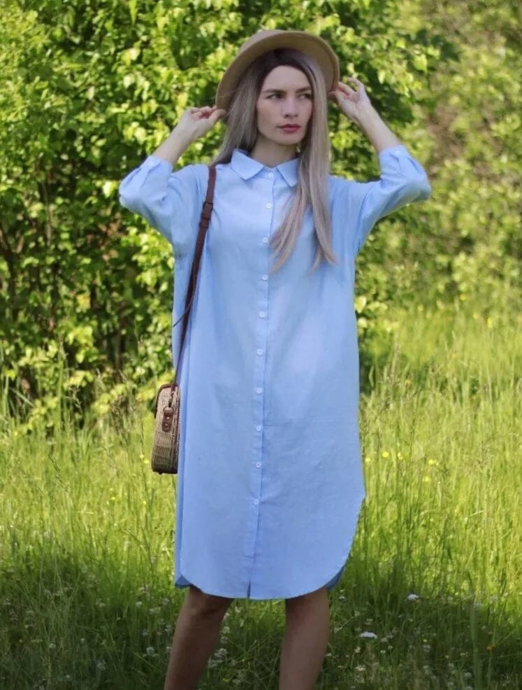 Women Oversize Button Down Rolled Up Sleeve Long Cotton Blouse Midi Dress_ Dresses jehouze 