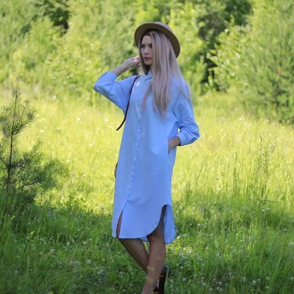 Women Oversize Button Down Rolled Up Sleeve Long Cotton Blouse Midi Dress_ Dresses jehouze 