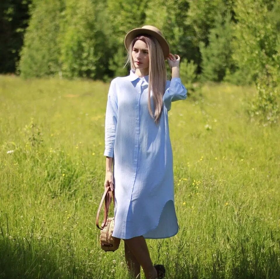 Women Oversize Button Down Rolled Up Sleeve Long Cotton Blouse Midi Dress_ Dresses jehouze 