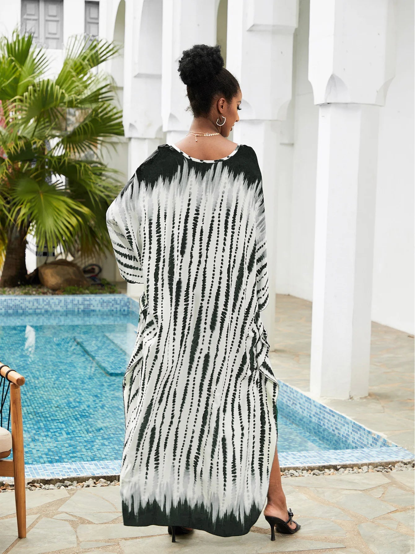 Women Oversize Striped Printed V Neck Kraftan Batwing Sleeve Swimsuit Bikini Cover Up Dresses jehouze 