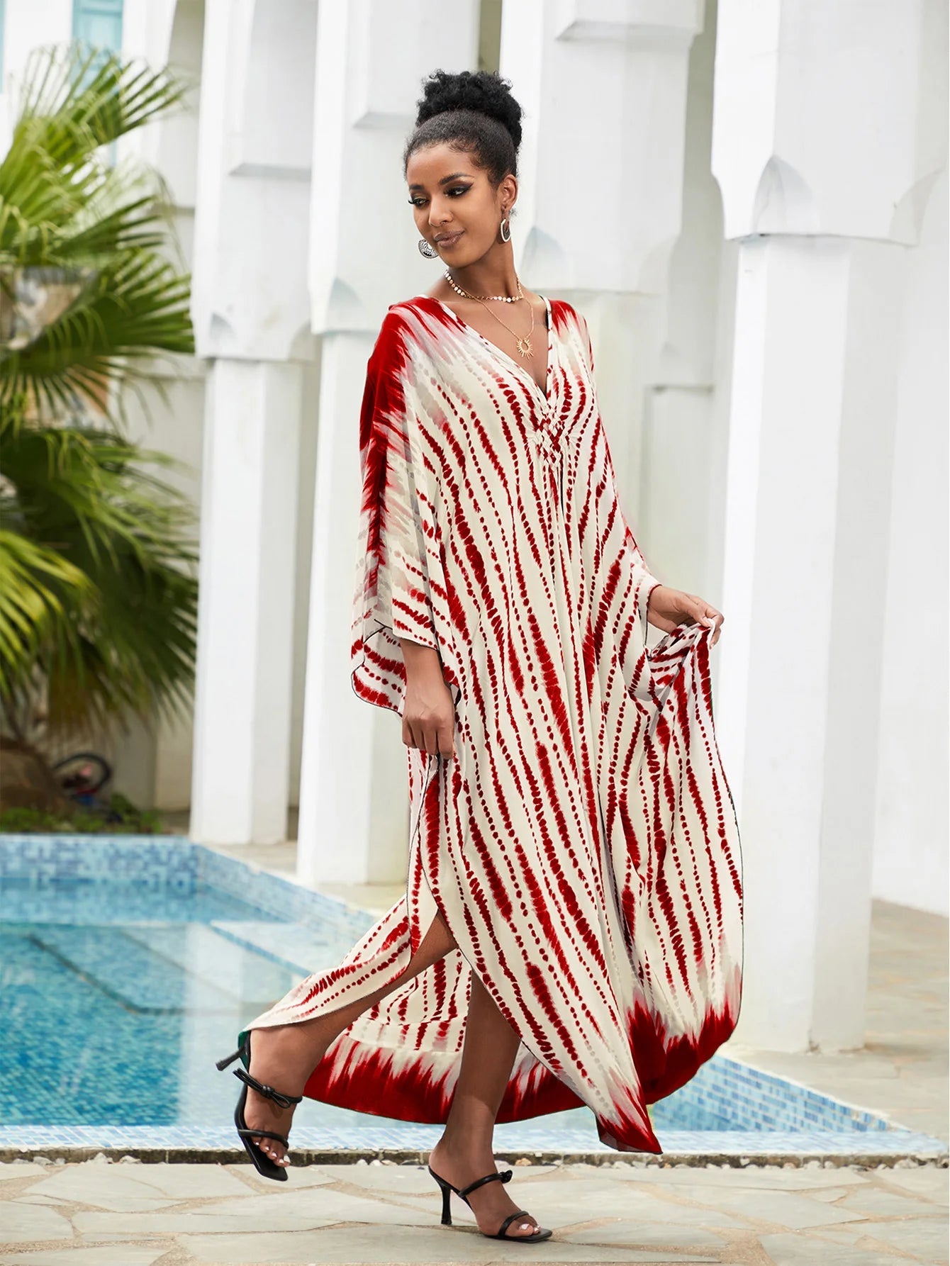 Women Oversize Striped Printed V Neck Kraftan Batwing Sleeve Swimsuit Bikini Cover Up Dresses jehouze 