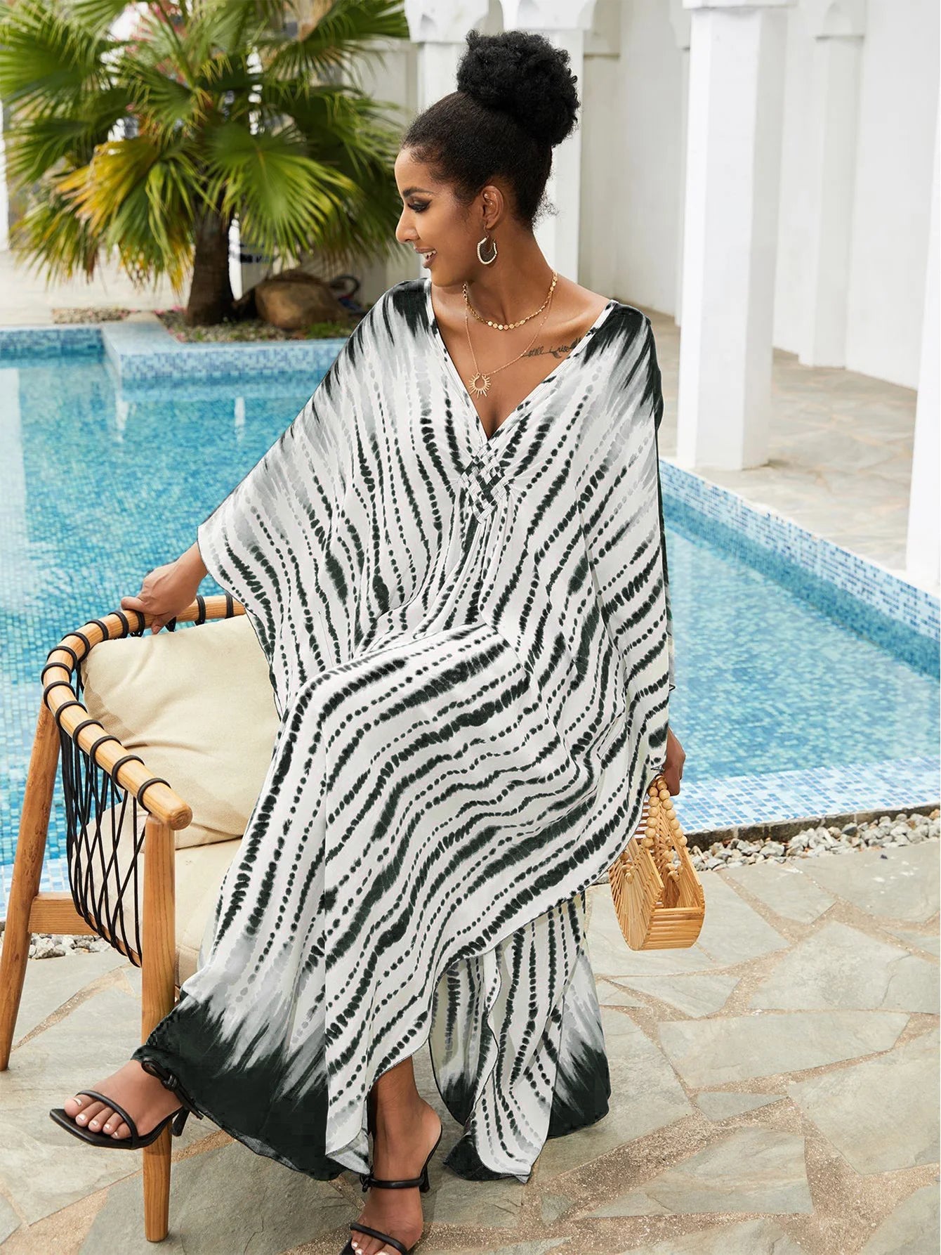 Women Oversize Striped Printed V Neck Kraftan Batwing Sleeve Swimsuit Bikini Cover Up Dresses jehouze 