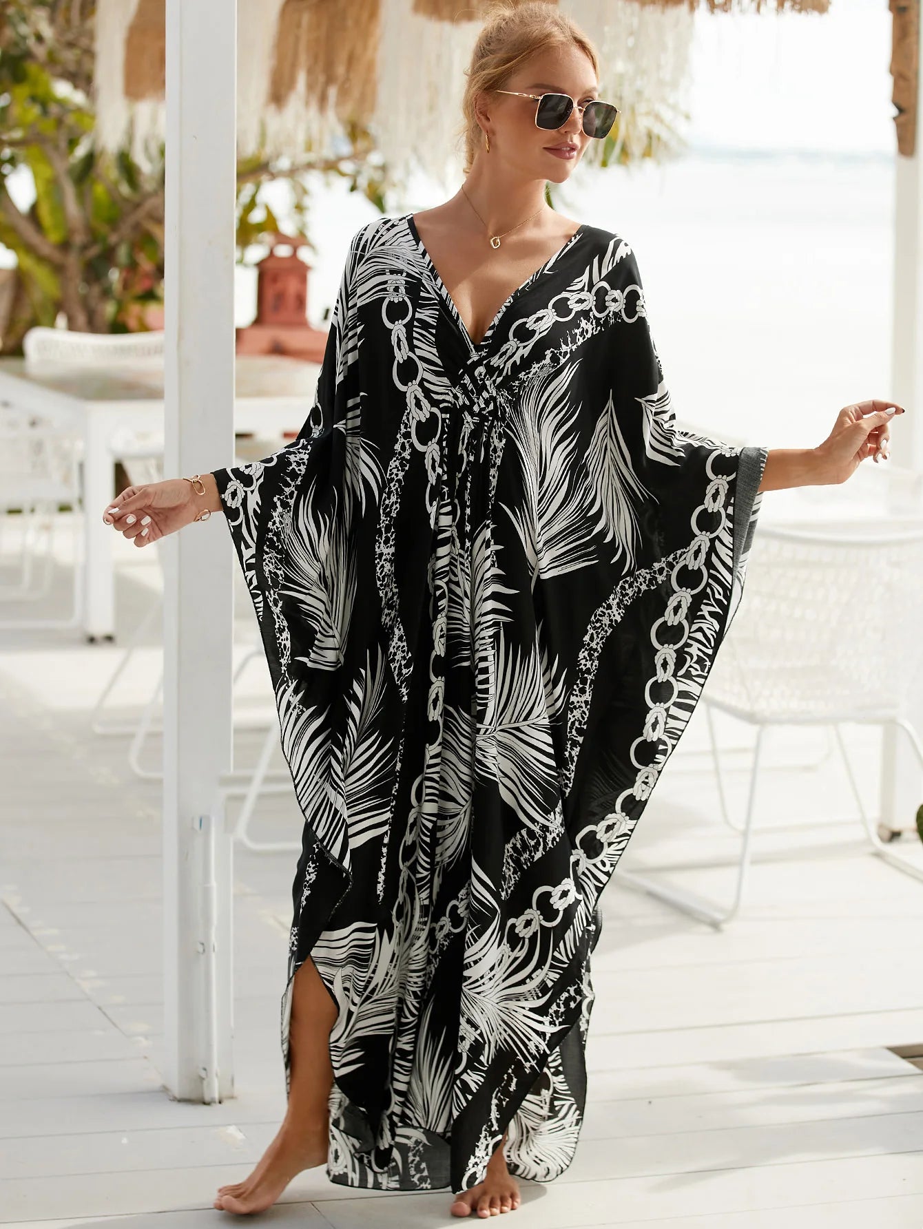 Women Oversize Striped Printed V Neck Kraftan Batwing Sleeve Swimsuit Bikini Cover Up Dresses jehouze 