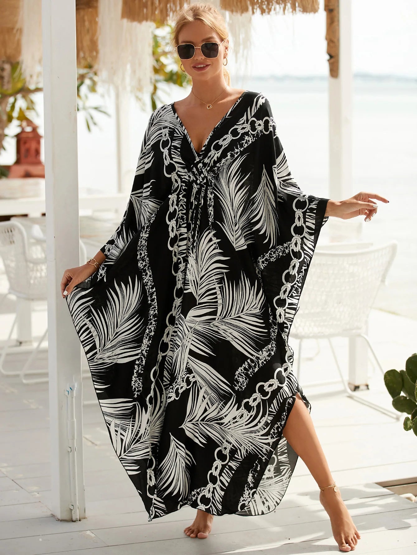 Women Oversize Striped Printed V Neck Kraftan Batwing Sleeve Swimsuit Bikini Cover Up Dresses jehouze Q1297-19 