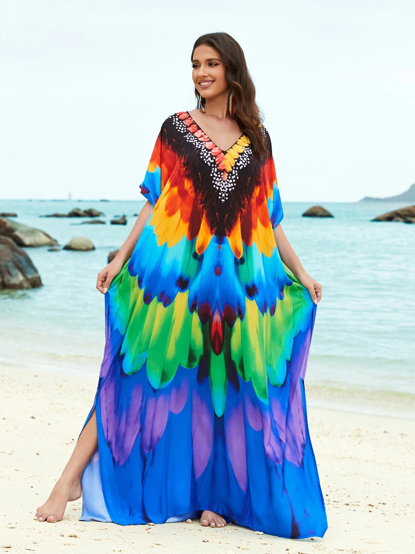 Women Oversize V Neck Kraftan Batwing Sleeve Beachwear Bikini Cover Up Dresses jehouze 