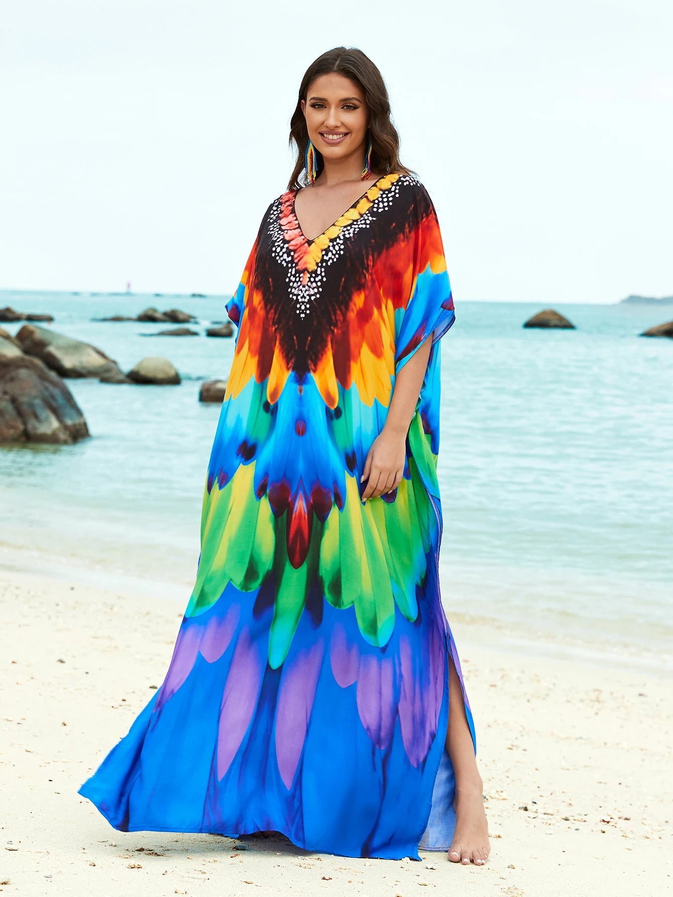 Women Oversize V Neck Kraftan Batwing Sleeve Beachwear Bikini Cover Up Dresses jehouze multi 