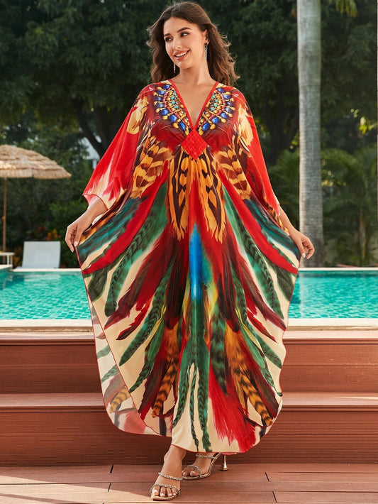 Women Oversize V Neck Kraftan Loose Soft Floral Long Cover Up Maxi Dress Dresses jehouze 20 