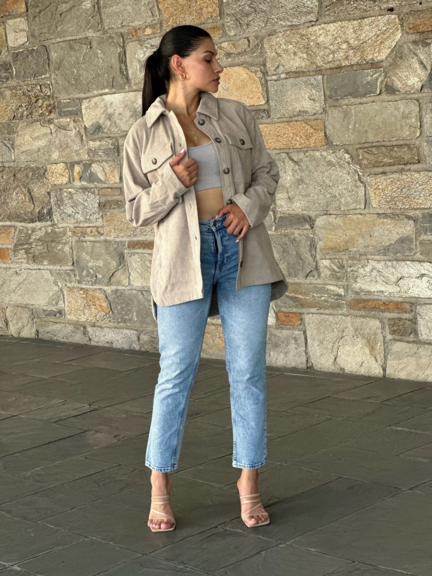 Women Oversized Corduroy Shacket Button Down Outerwear jehouze 