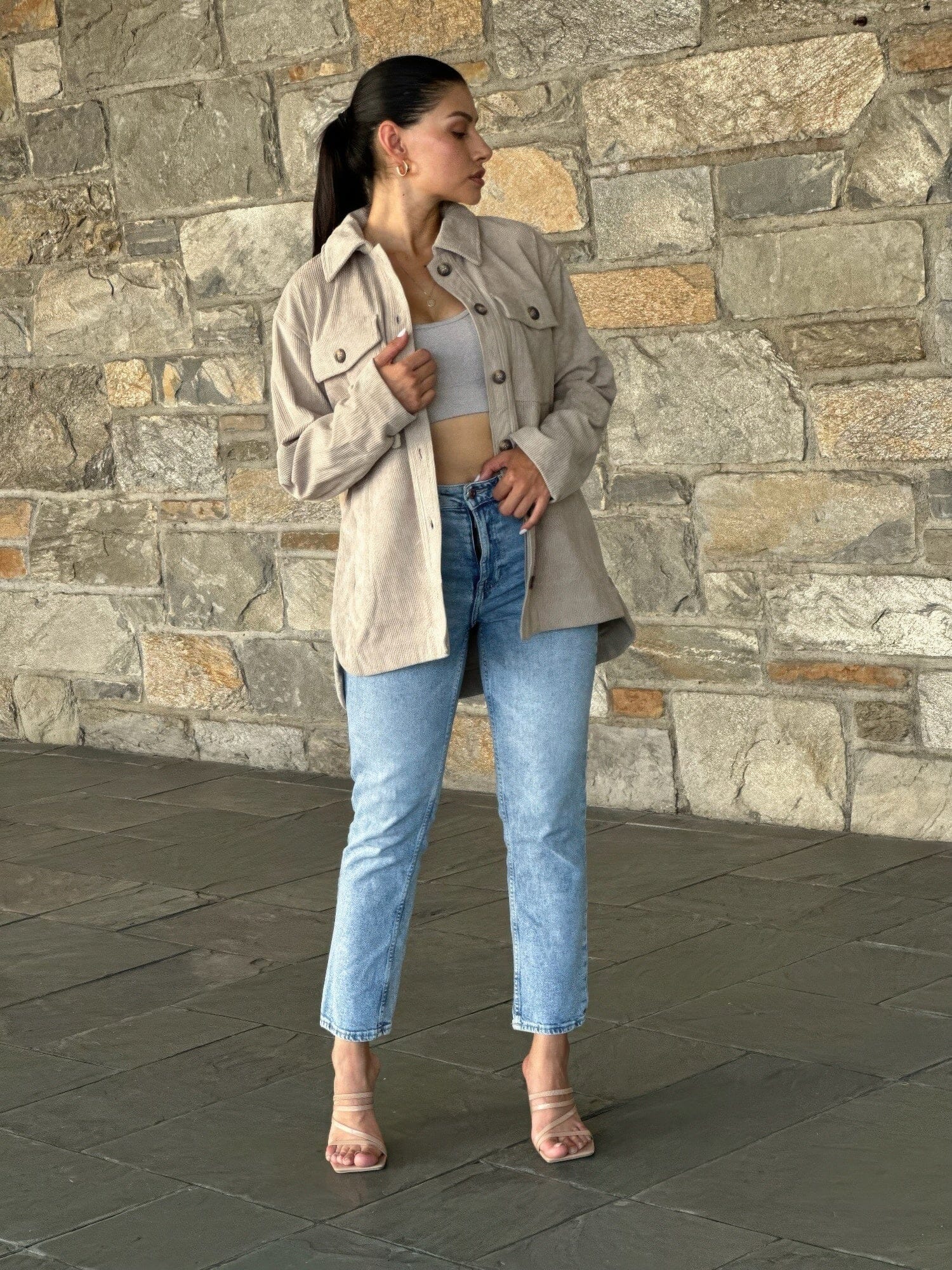 Women Oversized Corduroy Shacket Button Down Outerwear jehouze 