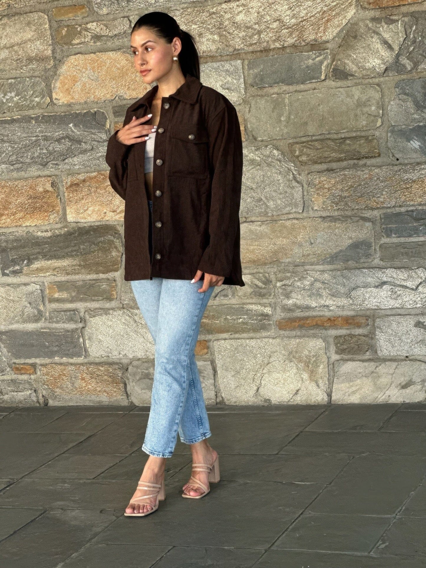 Women Oversized Corduroy Shacket Button Down Outerwear jehouze 