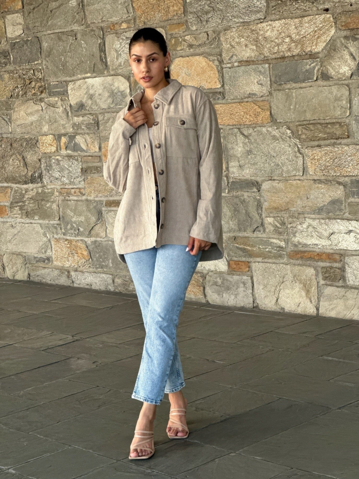 Women Oversized Corduroy Shacket Button Down Outerwear jehouze Beige S 