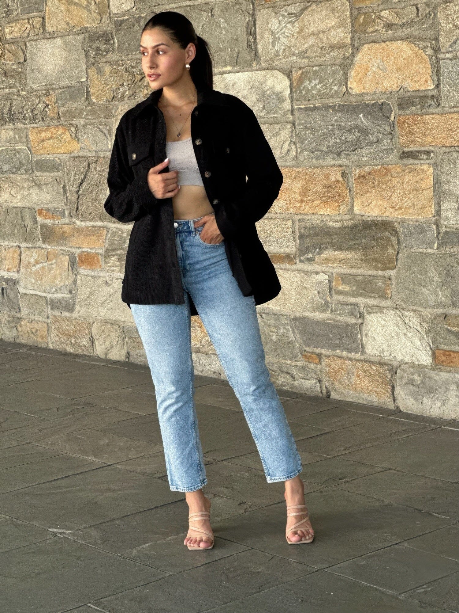 Women Oversized Corduroy Shacket Button Down Outerwear jehouze Black S 